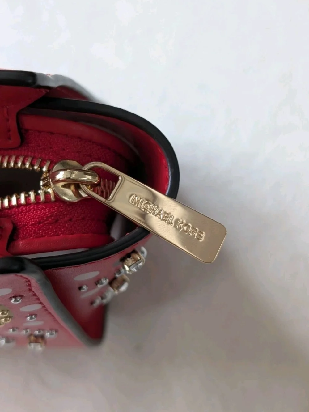 Michael Kors Red Shoulder Bag Star Studded Metallic Crystal Zip Gold Hardware